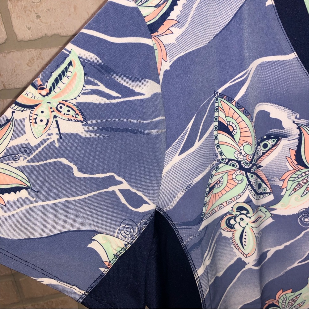 Healing Hands Purple Label Yoga Zip V-Neck blue butterfly pattern scrub top - Picture 2 of 10